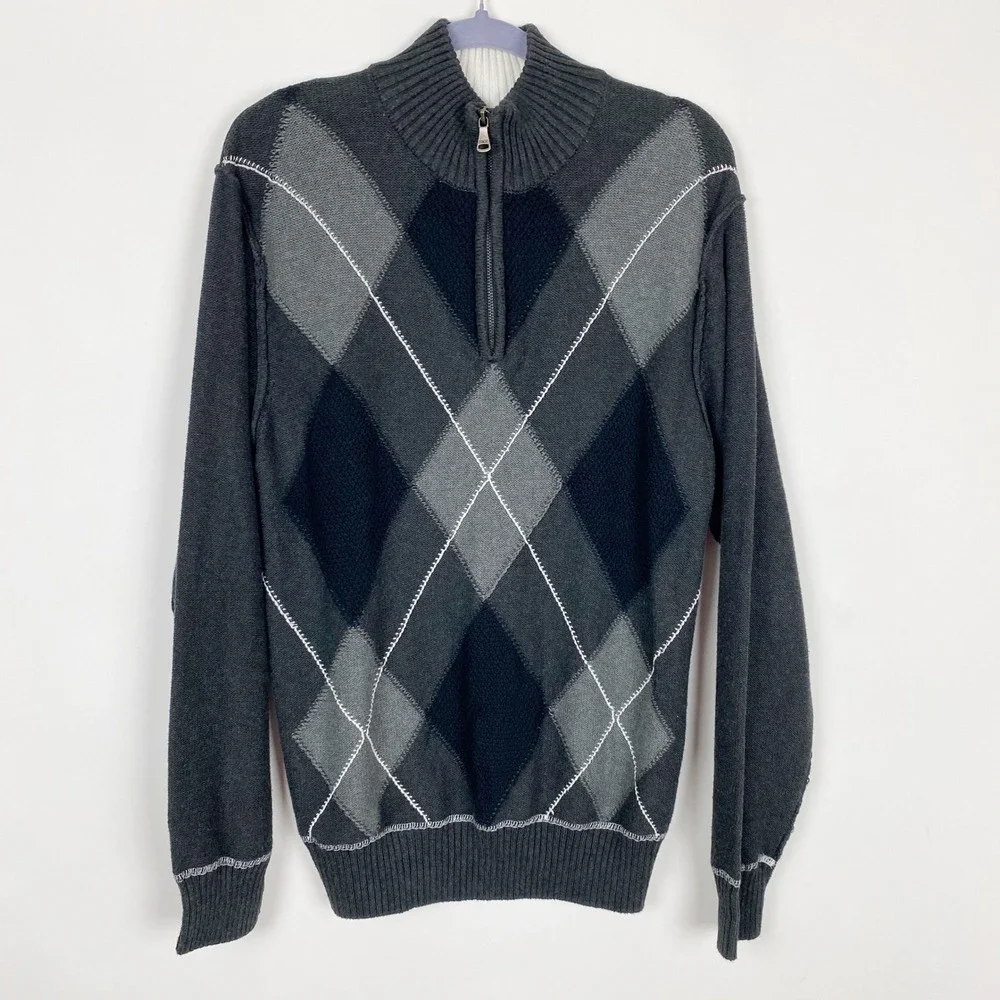 BKE Argyle Quarter Zip Cotton Knit Pullover Sweater Mens Large Charcoal Grey